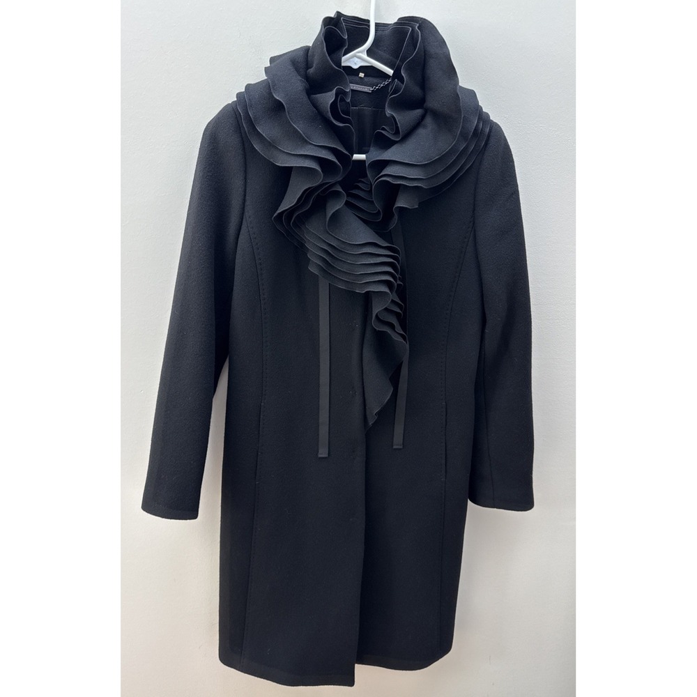 Elie Tahari Woman's Black 100% wool ruffle front Coat Size X-Small